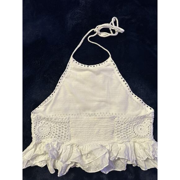American Eagle Crochet Halter Crop Top White Ruffles XS Romantic Boho Hippie - Picture 6 of 10